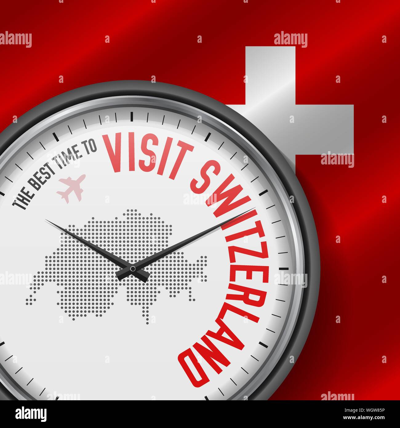 Il periodo migliore per visitare la Svizzera. Viaggiare in Svizzera. Aria turistica volo. Sventola bandiera di sfondo e punti mappa Pattern sul quadrante. Illustr vettore Illustrazione Vettoriale