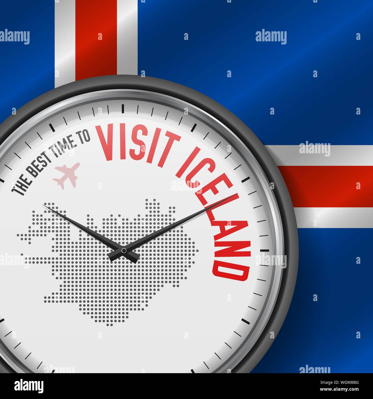 Il periodo migliore per visitare l'Islanda. Viaggio in Islanda. Aria turistica volo. Sventola bandiera di sfondo e punti mappa Pattern sul quadrante. Illustrazione Vettoriale. Illustrazione Vettoriale