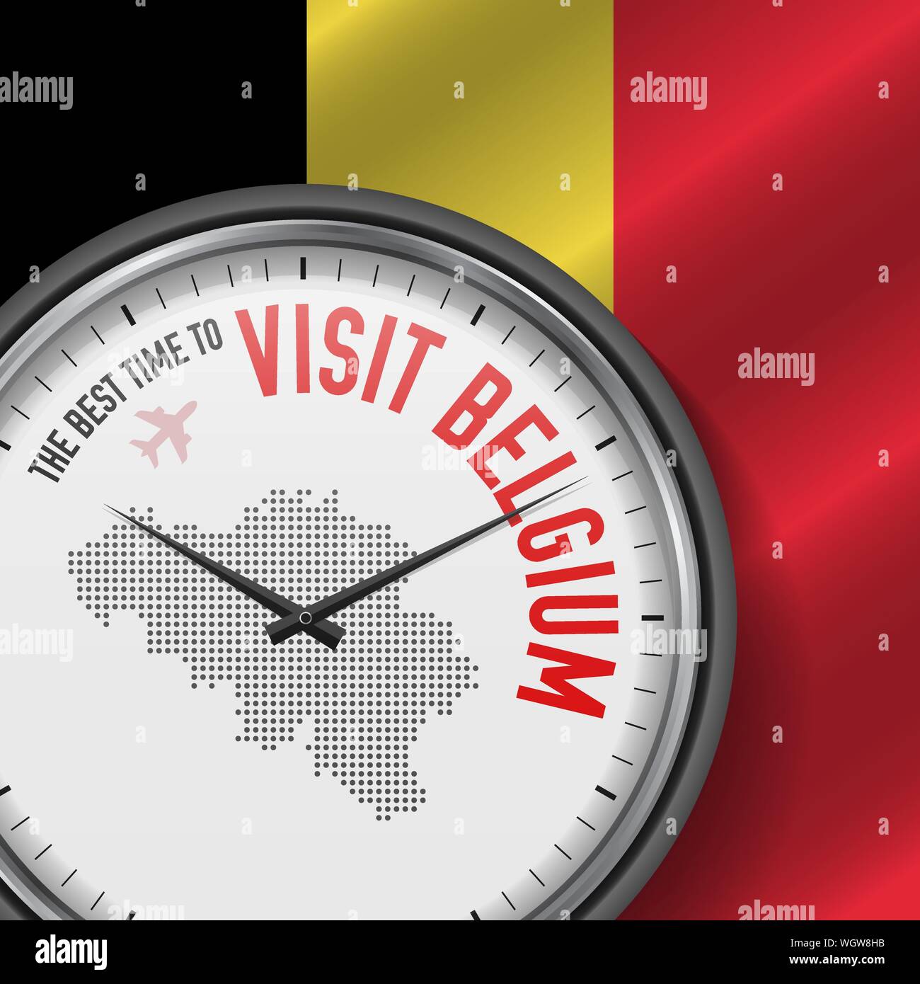 Il momento migliore per visitare il Belgio. Un viaggio in Belgio. Aria turistica volo. Sventola bandiera di sfondo e punti mappa Pattern sul quadrante. Illustrazione Vettoriale. Illustrazione Vettoriale