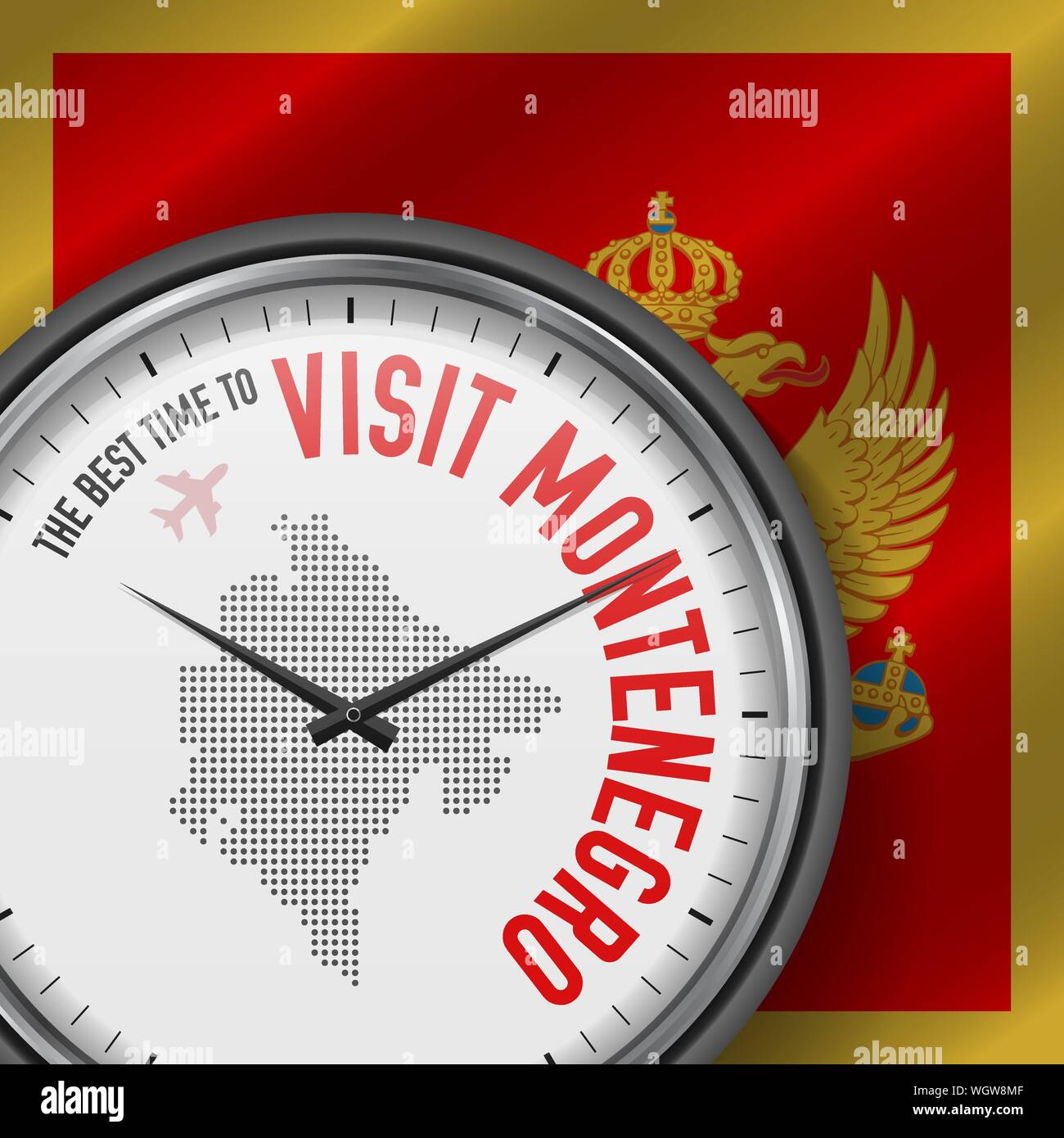 Il periodo migliore per visitare il Montenegro. Viaggio in Montenegro. Aria turistica volo. Sventola bandiera di sfondo e punti mappa Pattern sul quadrante. Vector illustrat Illustrazione Vettoriale