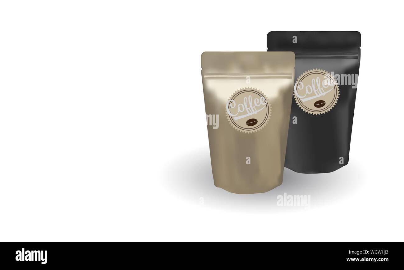 Nero opaco e oro chicco di caffè borsa ziplock stand up su sfondo bianco Illustrazione Vettoriale