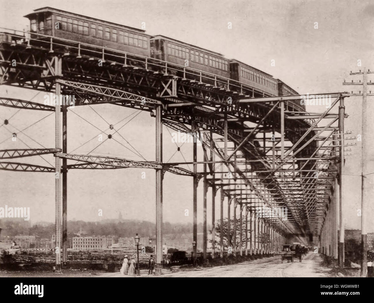 Curva della ferrovia sopraelevata, Ottava Avenue e 110th Street, New York City, circa 1891 Foto Stock