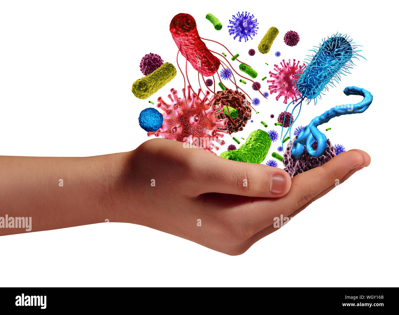 Salute e rischio di malattia cure mediche concetto con una mano umana azienda cancro microscopici virus e cellule di batteri come una metafora. Foto Stock