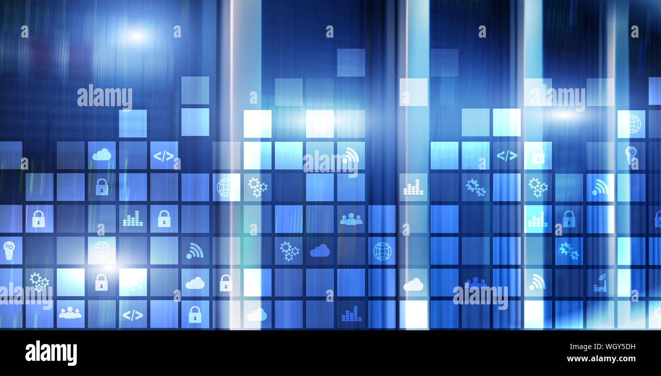 Abstract digitali pixel di sfondo icone sfocate moderna sala server. La tecnologia di telecomunicazione internet Iot di cosa concetto. Foto Stock