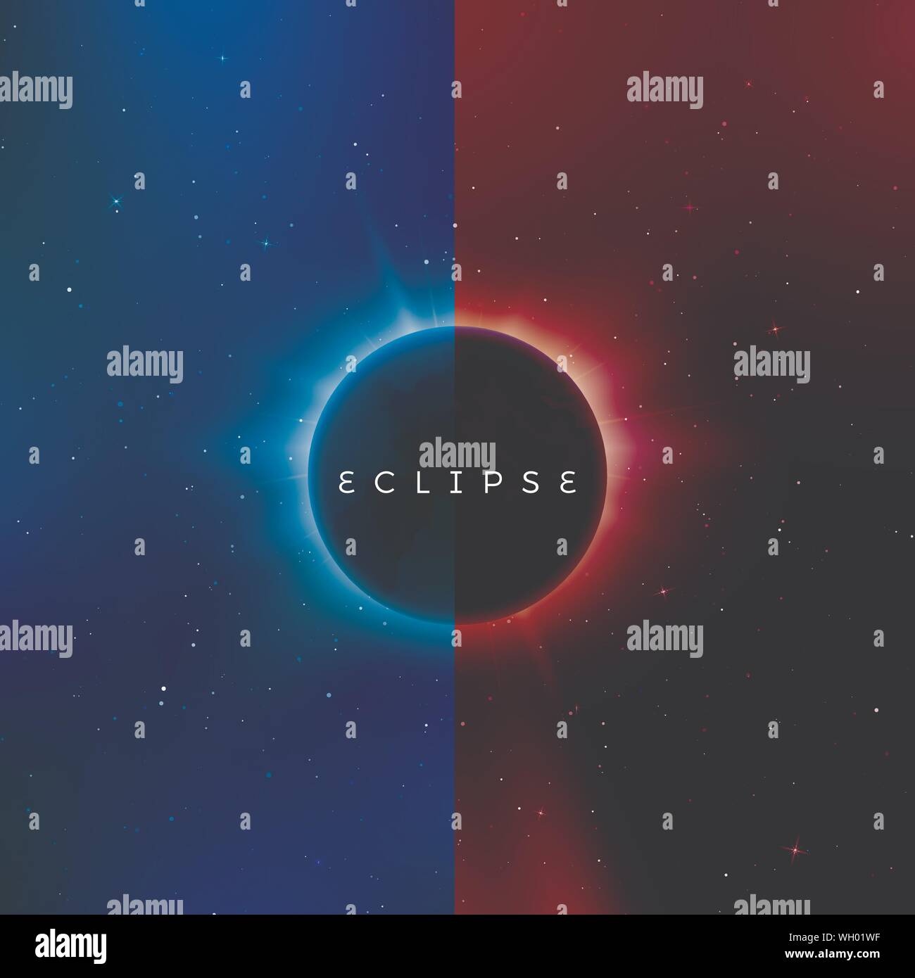 Eclissi solare. Effetto di astronomia - sun eclipse. Abstract universo astral sullo sfondo di rosso e di blu versione. Raggi di burst starlight fuori da dietro il p Illustrazione Vettoriale