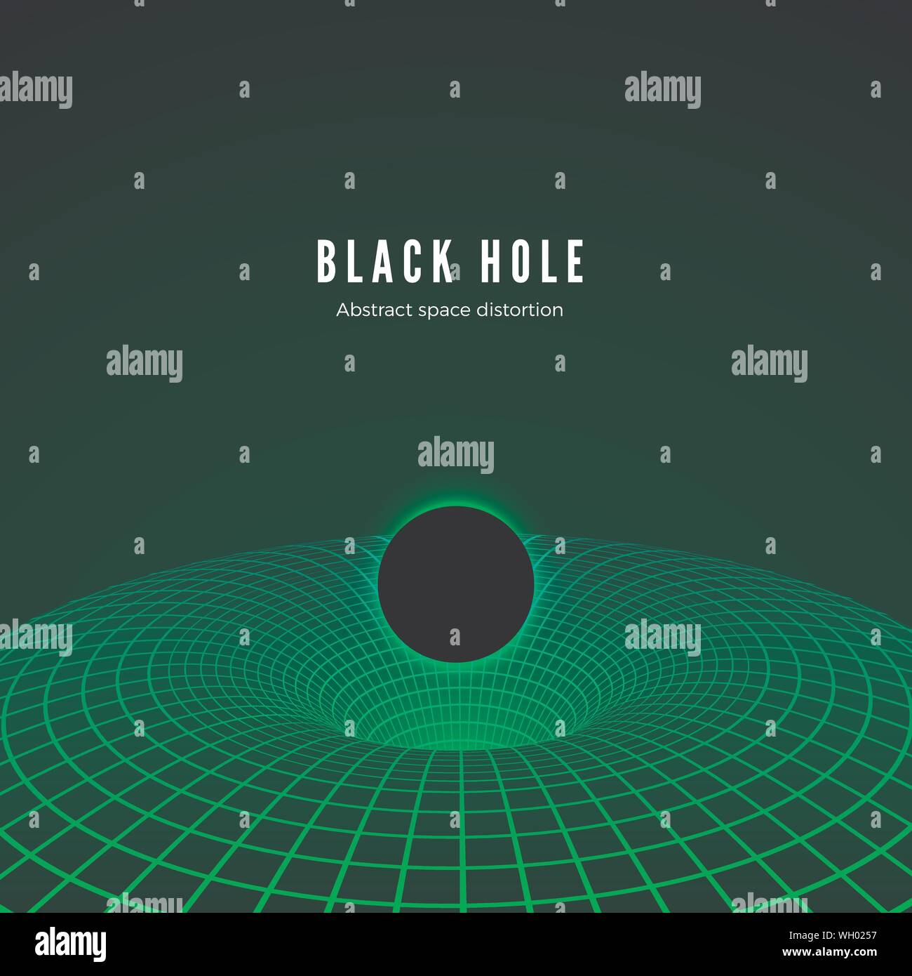 Buco nero visualizzazione. Illustrazione di deformazione del tempo e dello spazio in colori verde. Distruzione di materia da un buco nero. Illustrazione Vettoriale Illustrazione Vettoriale