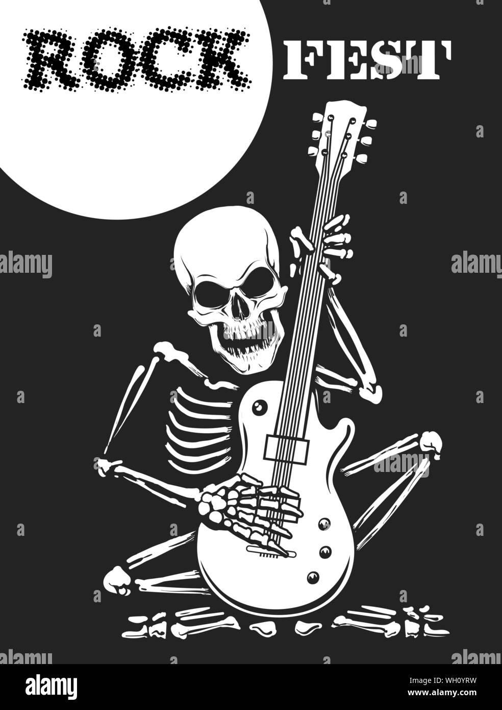 Rock Festival in bianco e nero poster con scheletro suona la chitarra elettrica. Illustrazione Vettoriale. Illustrazione Vettoriale