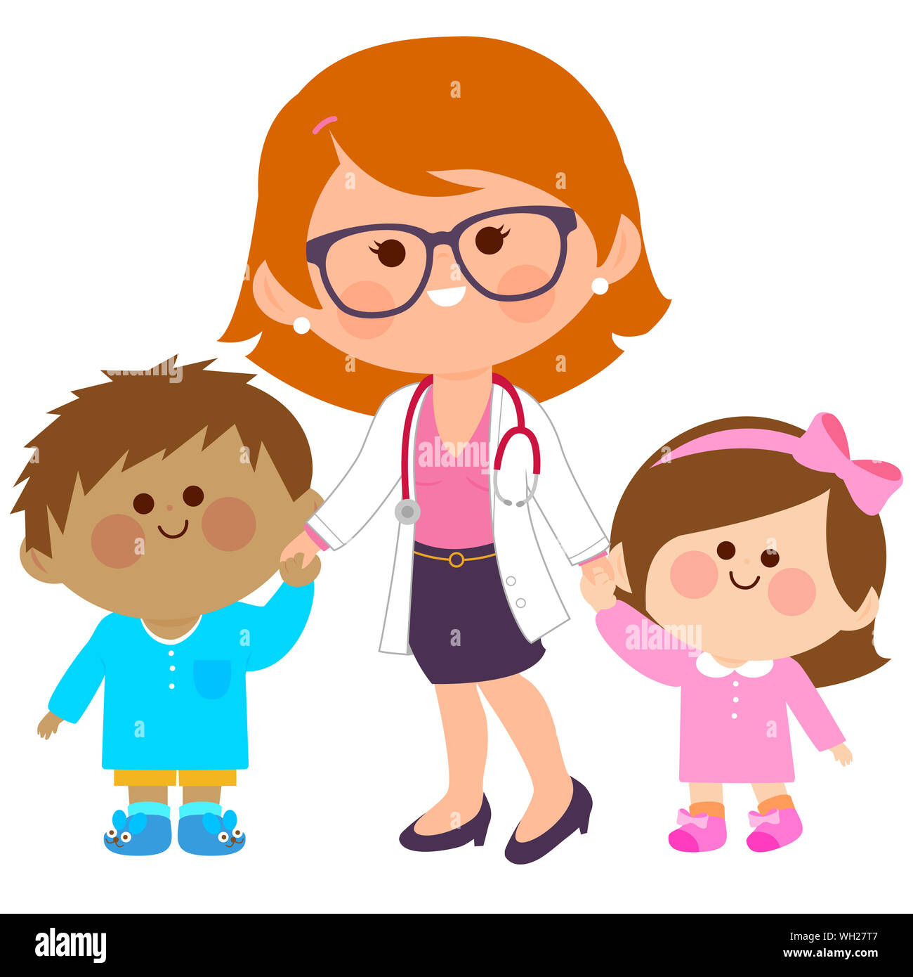 Pediatra medico e bambini felici in ospedale. Amichevole pediatrico medico professionale presso la clinica ospedaliera per bambini piccoli e bambini. Foto Stock