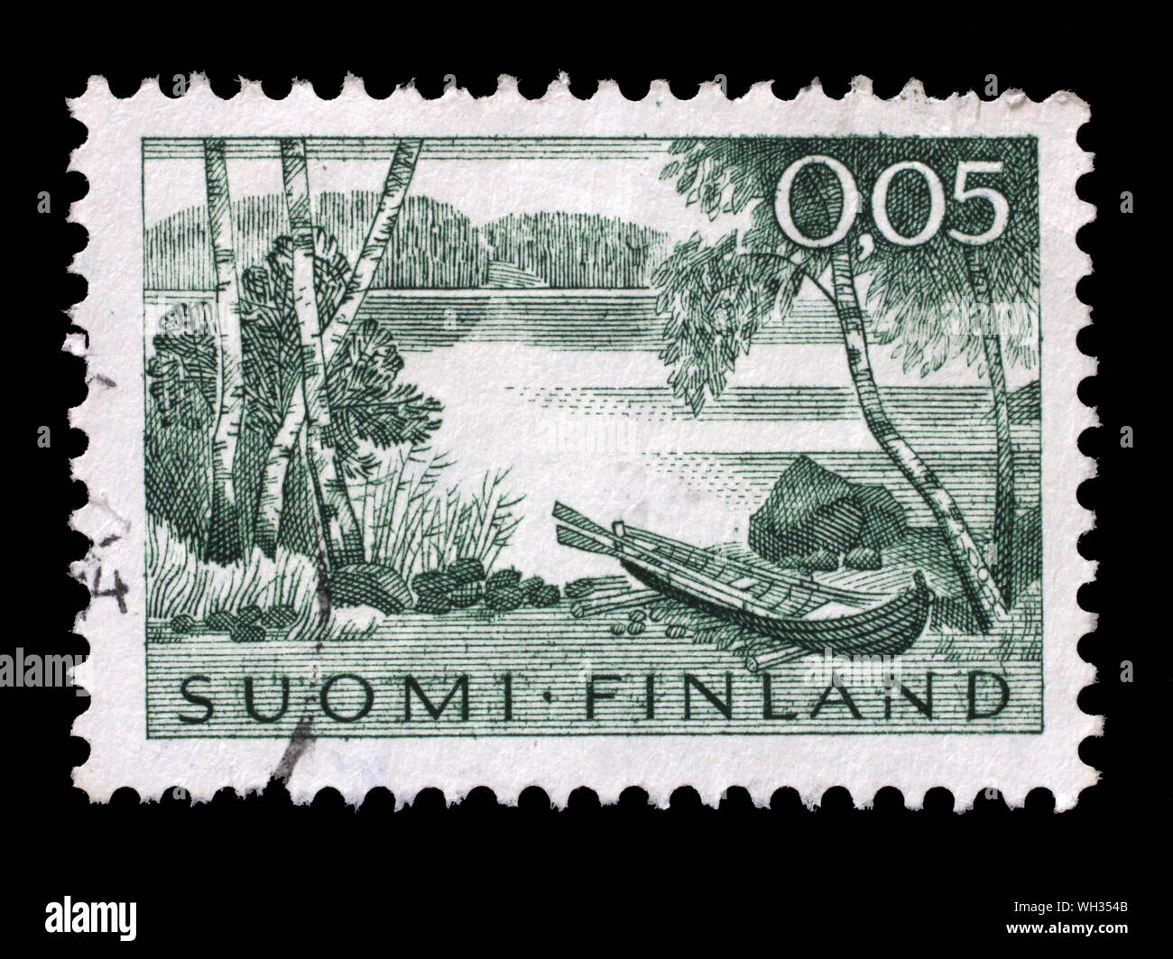 Timbro stampato dalla Finlandia, Mostra Paesaggio con il lago e le barche a remi, circa 1961. Foto Stock