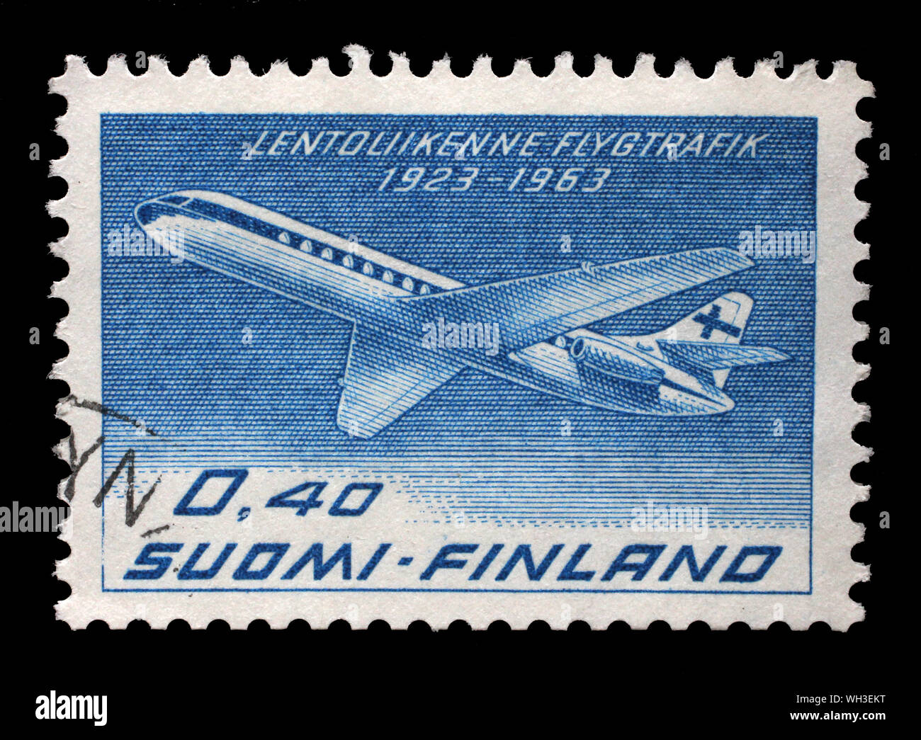 Timbro stampato dalla Finlandia, mostra aerei Sud Aviation SE 210 Caravelle, circa 1963. Foto Stock