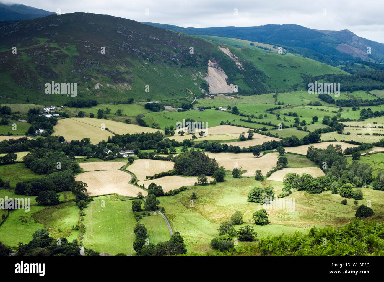 Campagna inglese e mosaico di campi e siepi in Newlands Valley nel Parco Nazionale del Distretto dei Laghi. Keswick, Cumbria, Regno Unito, Gran Bretagna Foto Stock