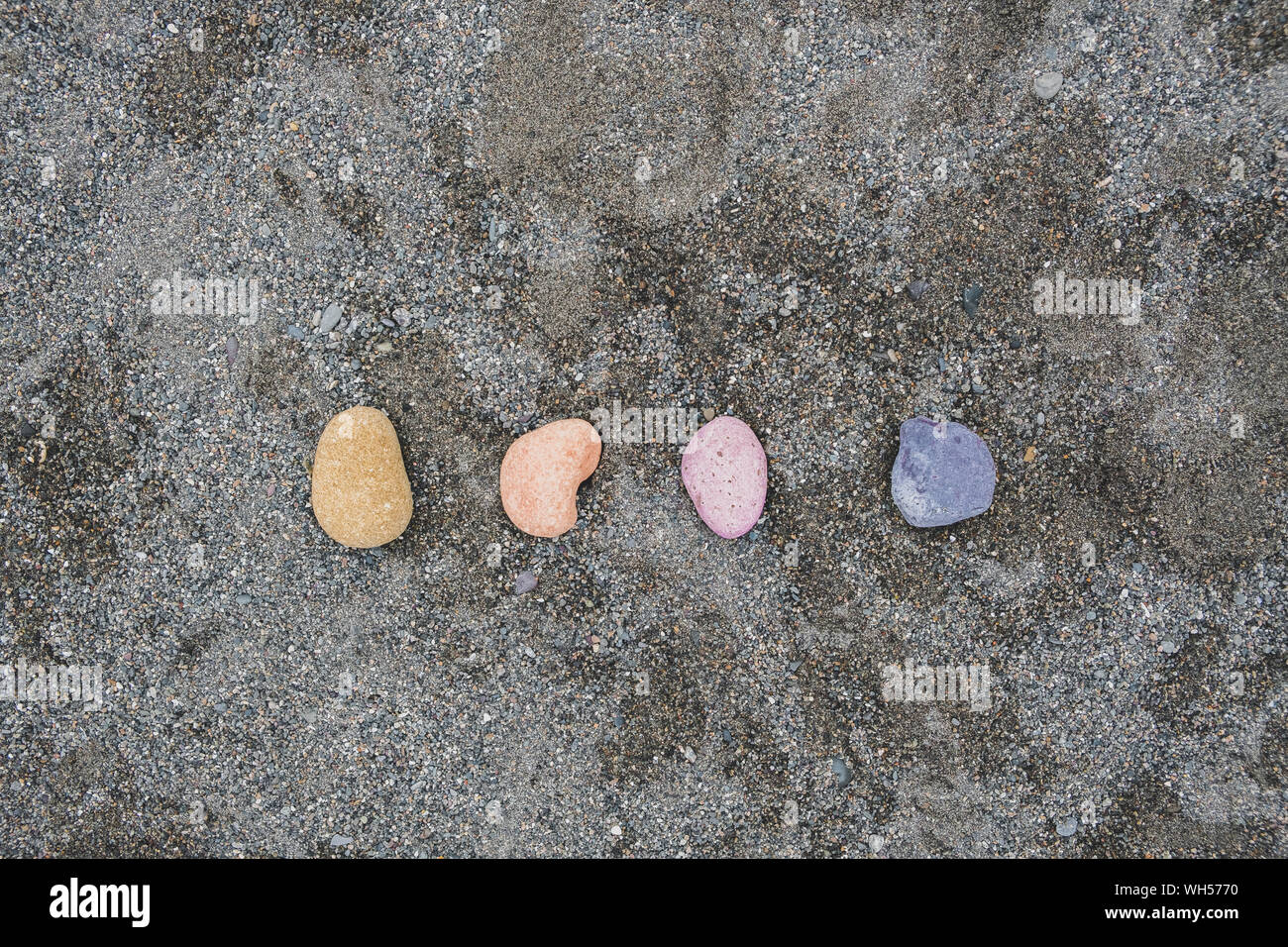 Multi-ciottoli colorati sul bagnato di sabbia grigia. Giallo, arancione, rosa e viola i ciottoli sulla spiaggia del mare, il concetto di naturalezza e semplicità e bellezza di nat Foto Stock