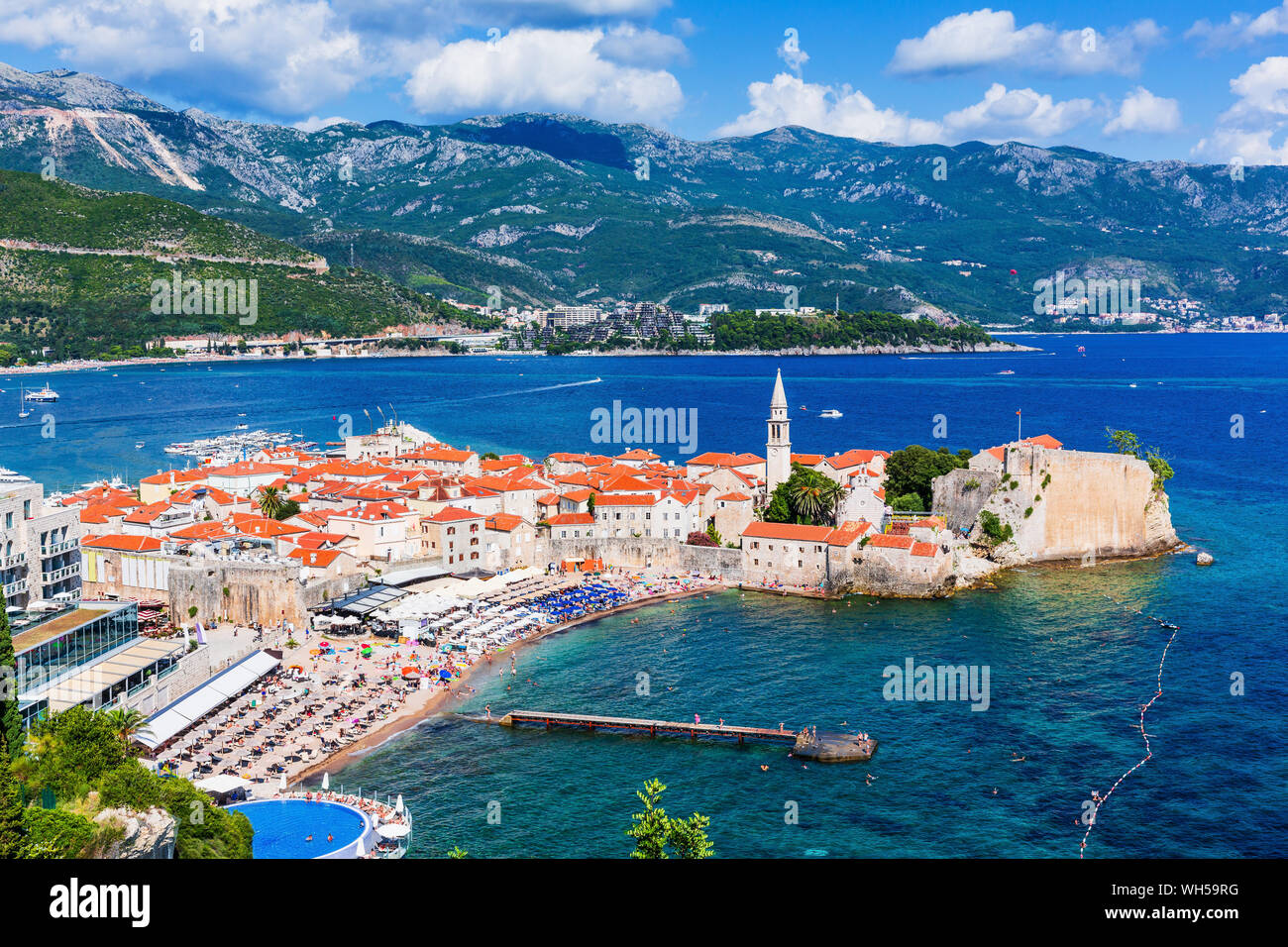 Budva, Montenegro. Vista panoramica della città vecchia. Foto Stock