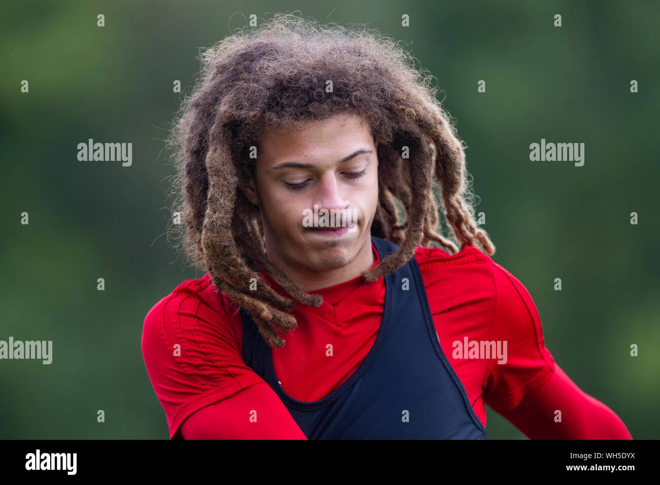 Hensol, Wales, Regno Unito. Il 2 settembre 2019. Ethan Ampadu durante il Galles squadra nazionale di allenamento in vista delle partite contro Azerbaigian e la Bielorussia. Credito: Mark Hawkins/Alamy Live News Foto Stock