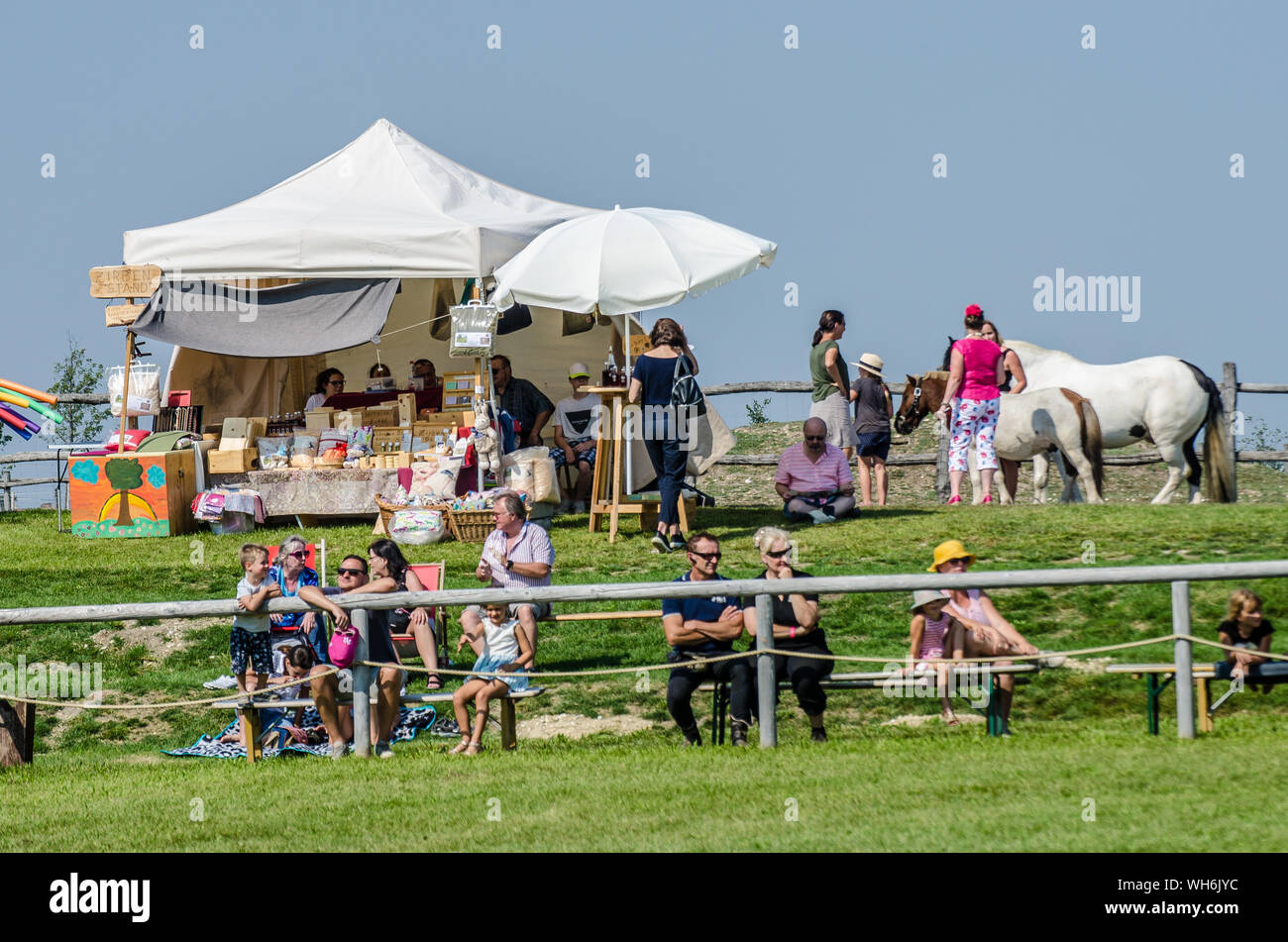Il programma sulla fiera di Schloss Hof è pieno di varietà e dà esecutori degli animali una possibilità di mostrare tutto ciò che hanno appreso. Foto Stock