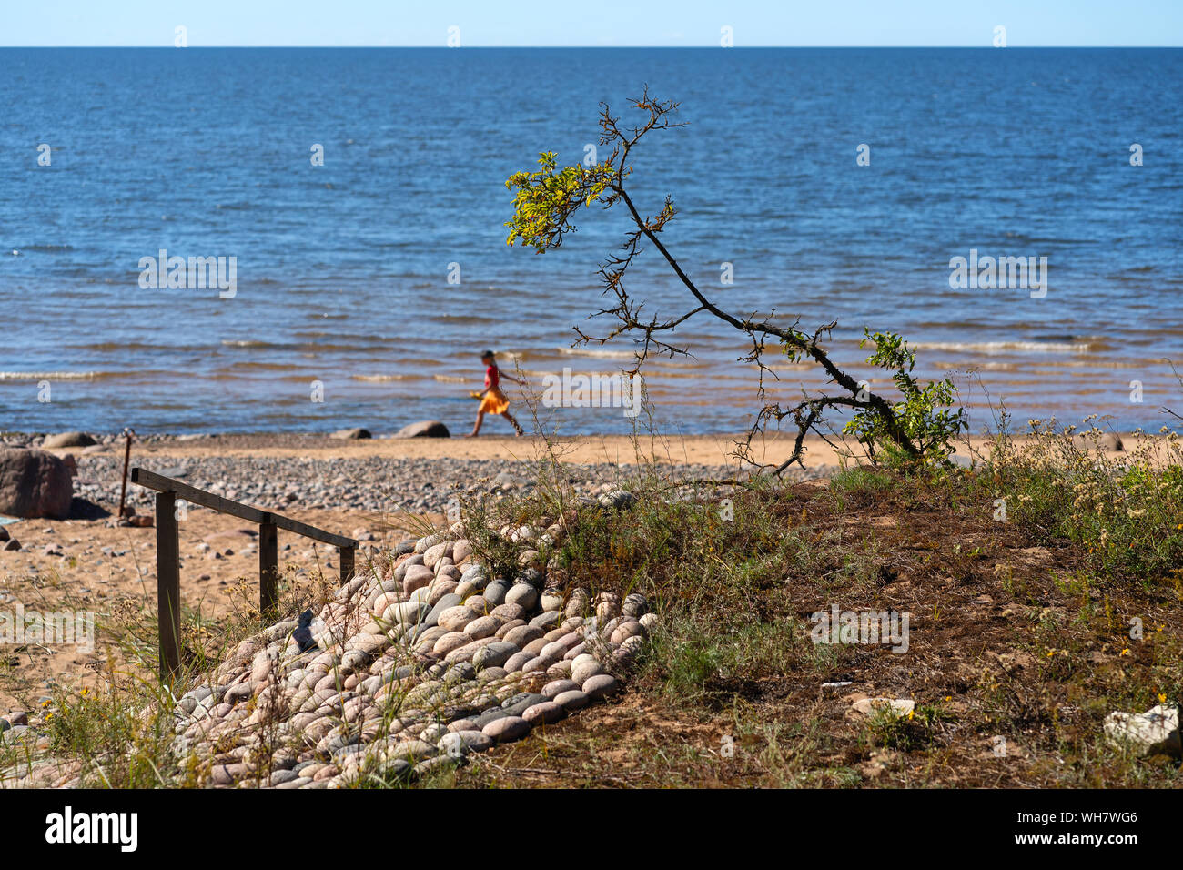 Bambina corre lungo la riva del mare Foto Stock