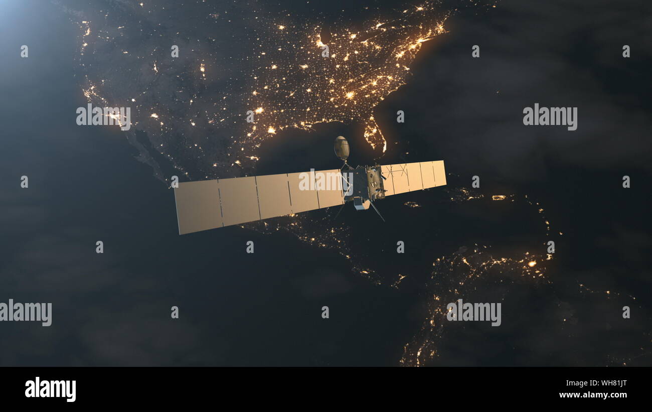 Spazio moderno sonda via satellite con pannelli solari oltre il pianeta Terra in Nord America continentale. 3D render animazione. La scienza e la tecnologia del concetto. Gli elementi di questo media arredate dalla NASA Foto Stock