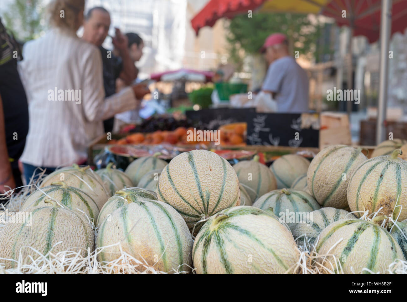 Regionale cavaillon melone sul mercato di strada Provencal, Aix-en-Provence, Francia Foto Stock