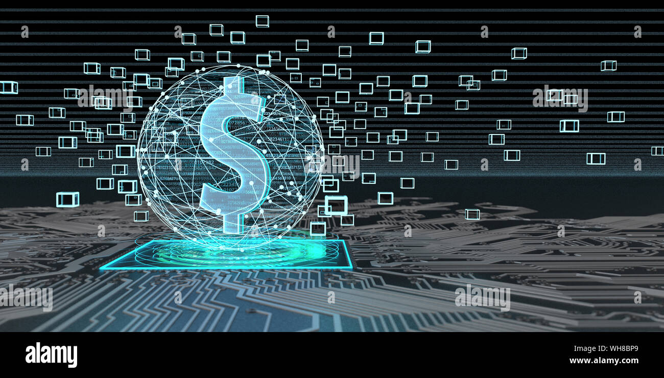 Dollar Cambio basato sulla tecnologia blockchain, 3D illustrazione Foto Stock