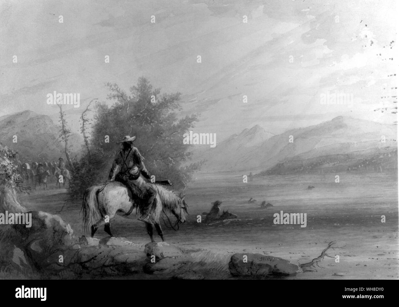 La pittura di Alfred Jacob Miller (artista americano), (1810-1874). Canadian cacciatori attraversando il fiume, test fuori l'acqua per vedere la profondità, per la spedizione di buffalo kill per fornire pelli per coprire le armi. Foto Stock