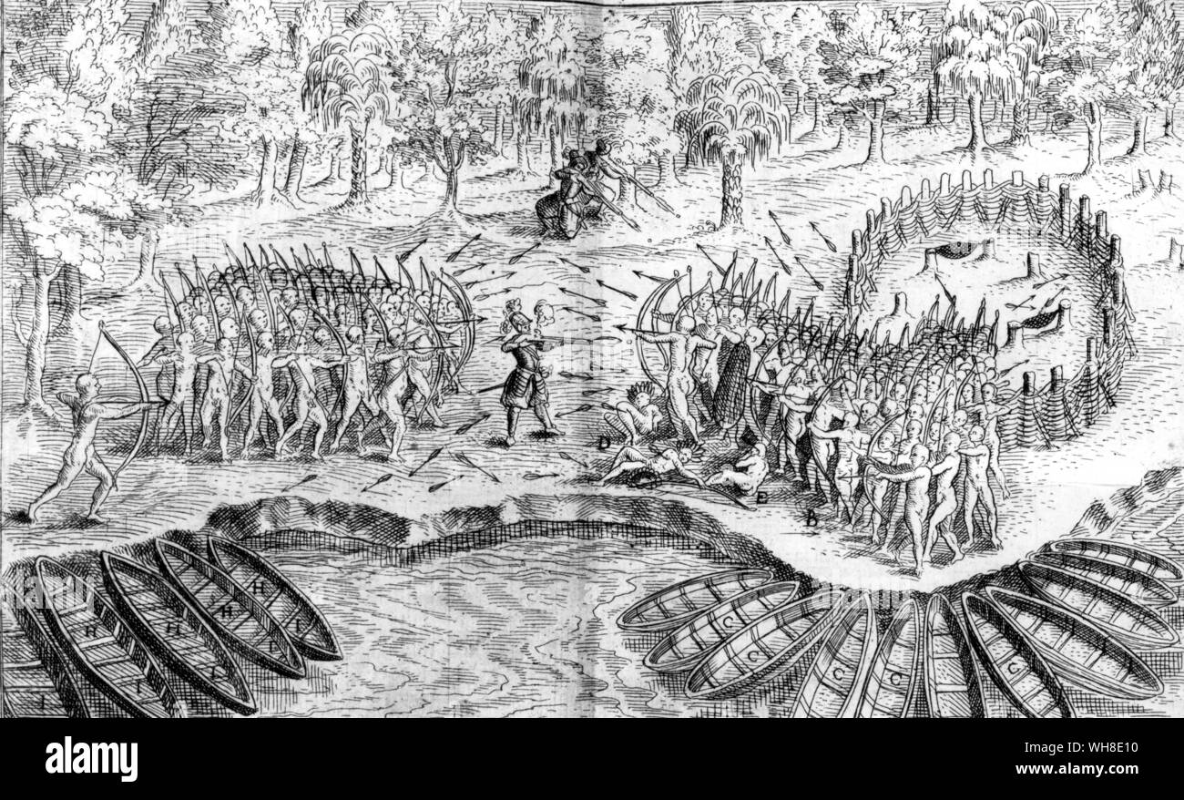 Samuel Champlain la battaglia con pellerossa, creato 1613. La sconfitta del Iroquois da Samuel de Champlain (1567-1635) e Algonquin warriors nel 1609 presso il sito di quello che ora è il lago Champlain, New York. Foto Stock