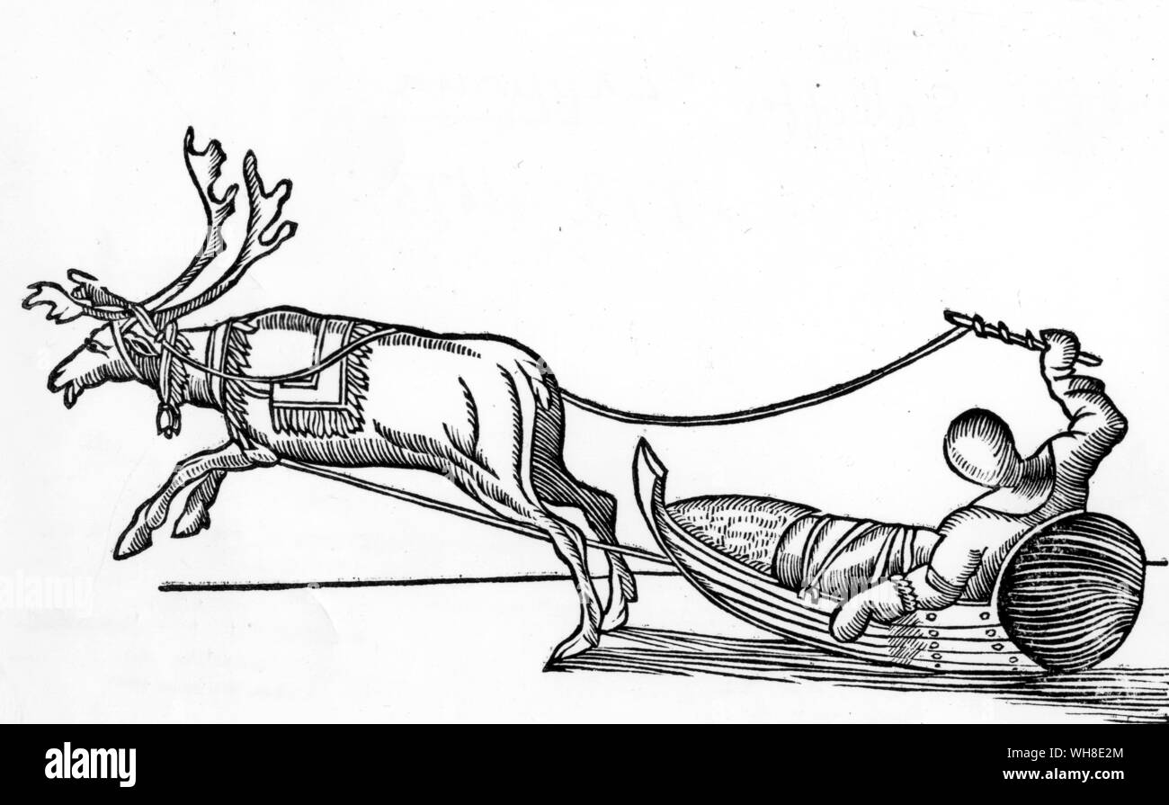La renna e slitta da Johann Scheffer (1621-1679) Lapponia 1673. La storia della popolazione Sami, Lapponia (1673) divenne popolare in Europa ma non è stato tradotto in svedese (come Lappland) fino al 1956. . Foto Stock