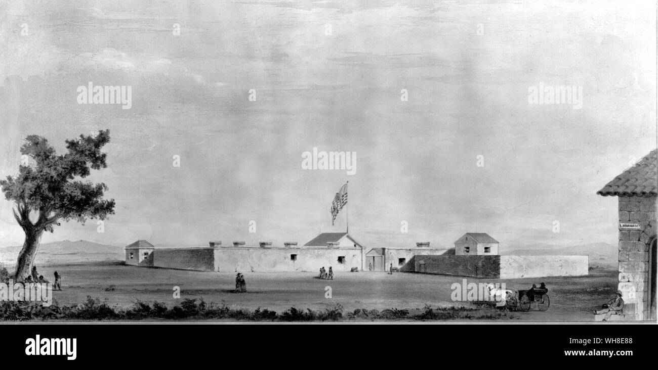 Sutter's Fort sul Sacramento, in California. John Augustus Sutter (1803-1880) era un famoso californiano per la sua associazione con la California Gold Rush e per stabilire Sutter's Fort in una zona che sarebbe poi diventata la capitale della California di Sacramento. La scoperta dell'oro su Sutter's proprietà iniziato il braccio che cambierebbe la storia occidentale. . Foto Stock
