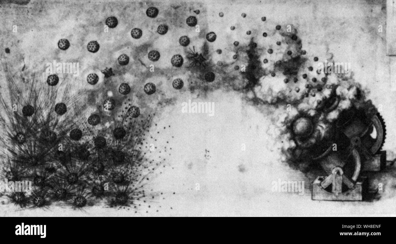 Leonardo ha descritto la granata di shell per essere sparato da un bombardano come 'il più micidiale macchina che esiste....la palla al centro scoppia e si disperde gli altri che il fuoco in tale tempo come è avuto bisogno di dire un Ave Maria". Leonardo da Vinci (1452-1519) era un italiano architetto rinascimentale, musicista, anatomista, inventore, ingegnere, scultore, geometra e pittore. . . Foto Stock