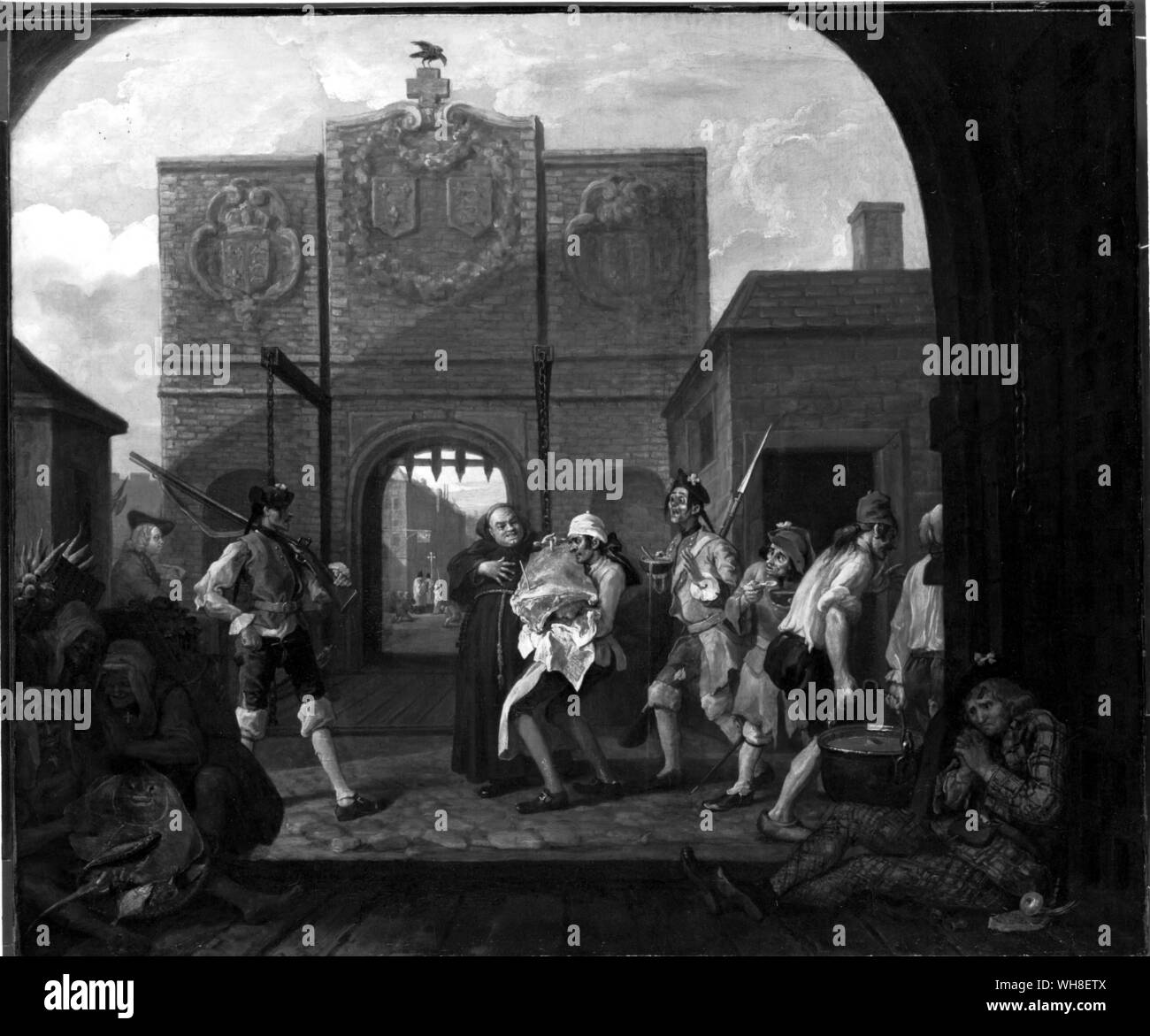 Il roast beef di vecchia Inghilterra ("gate di Calais'), 1748. da William Hogarth (1697-1764), British pittore e incisore. La pittura di contrasti inglese abbondante con francese e miseria scozzese.. . Foto Stock