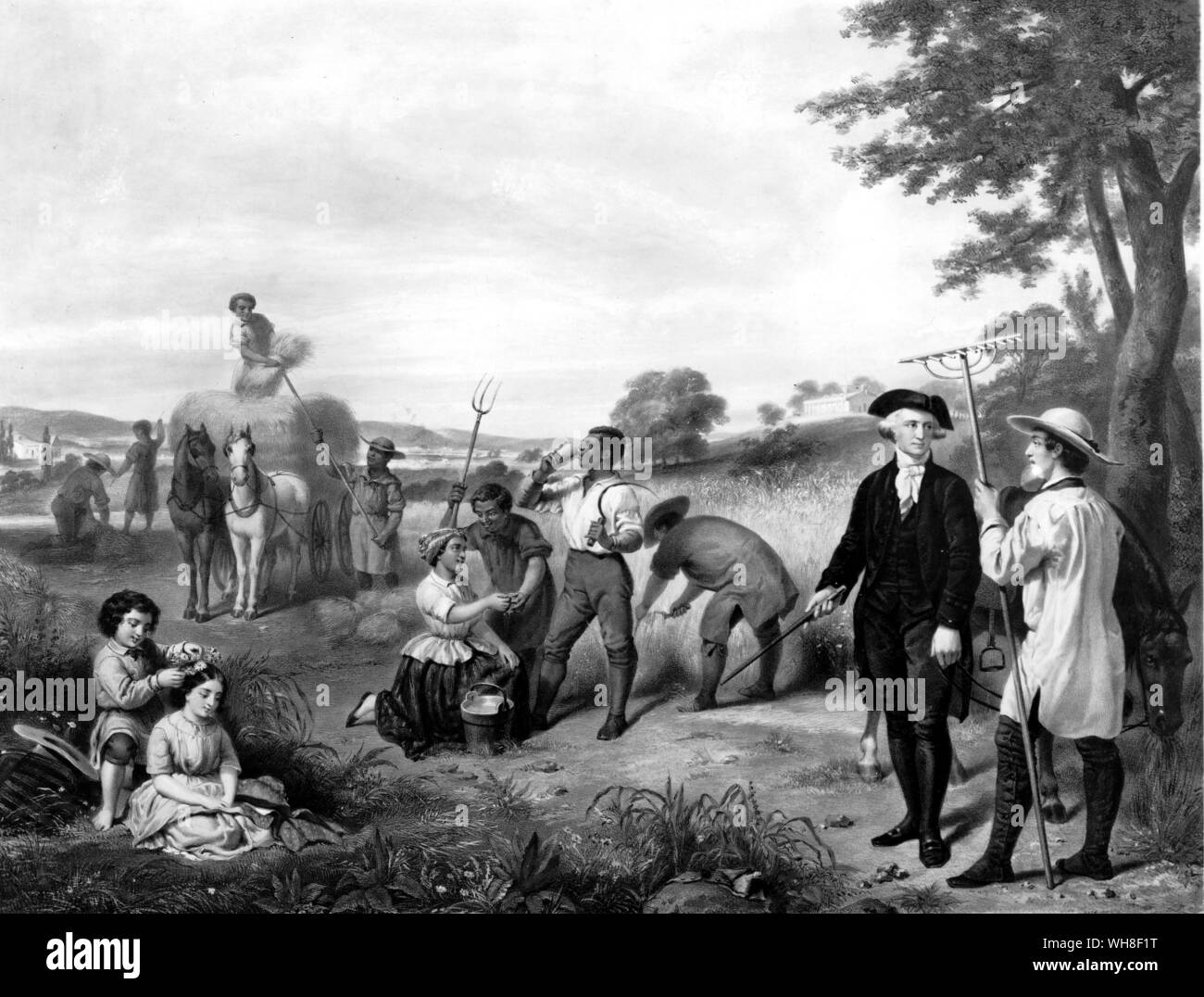La vita di George Washington 1853. Litografia di George Washington (1732-1799) a Mount Vernon durante un raccolto di fieno. Litografia di Claude Regnier (d.1860) dopo un dipinto di Giunio Bruto Stearns, (1810-1885). . Foto Stock