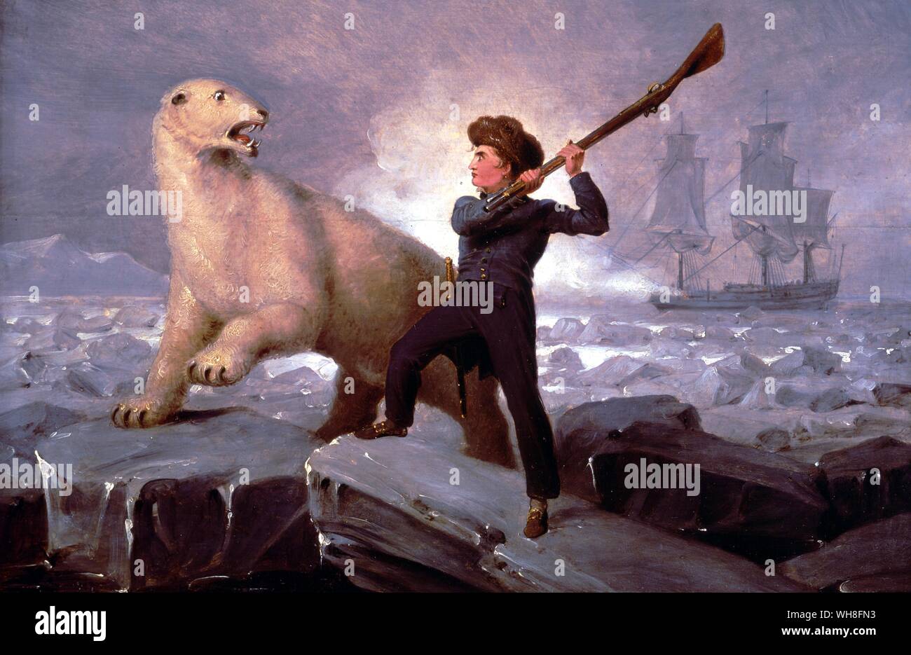 Nelson e l'Orso di Richard Westall (1765-1836). Nelson il famoso attacco su un orso polare durante una spedizione.. Da Nelson - una biografia di Richard Hough pagina, 20.. L'onorevole Horatio Nelson, primo Visconte Nelson, KCB (1758-1805), era un ammiraglio inglese che ha vinto la fama come un leader di comandante navale. Quando egli era quindici Nelson volontariamente per la spedizione come timoniere nella carcassa HMS, capitano sotto Lutwidge. Lutwidge utilizzato per richiamare Nelson il perseguimento di un orso polare. "Ho voluto uccidere l'orso che io possa portare la pelle a mio padre" (Horatio Nelson). Entrambi Nelson e l'orso scampato Foto Stock