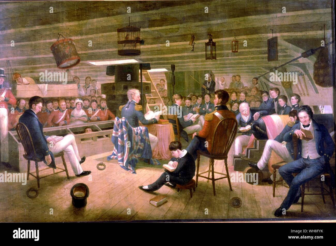 Una lettura della Bibbia a bordo della nave da Augusto Earle (1793-1838). Il pittore inglese americano di discesa, il suo viaggio esperienze formato il suo oggetto. L'atmosfera di una nave in mare, per esempio, permea questa rappresentazione di un 'Divina Service come di solito viene eseguita a bordo di una fregata inglese in mare". Darwin e la Beagle, da Alan Moorhead, pagina 242-3.. . . . . Foto Stock