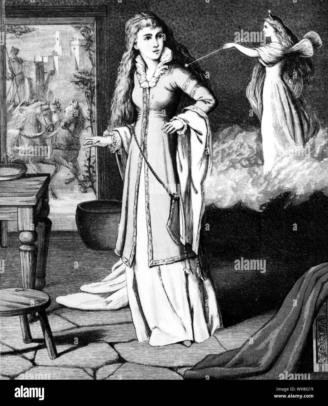 Fata Madrina di Cenerentola tocca con la sua bacchetta magica. Il classico delle Favole di Iona e Peter Opie, pagina 123. Foto Stock