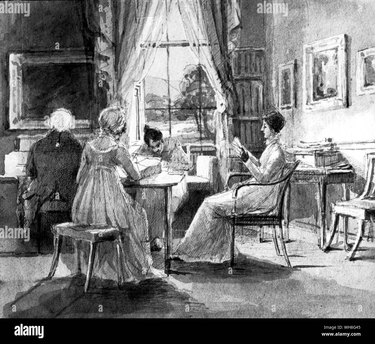 La vita di famiglia nel XVIII secolo in Inghilterra: la lettura e la scrittura. Un ritratto di Jane Austen da David Cecil pagina 11. Foto Stock