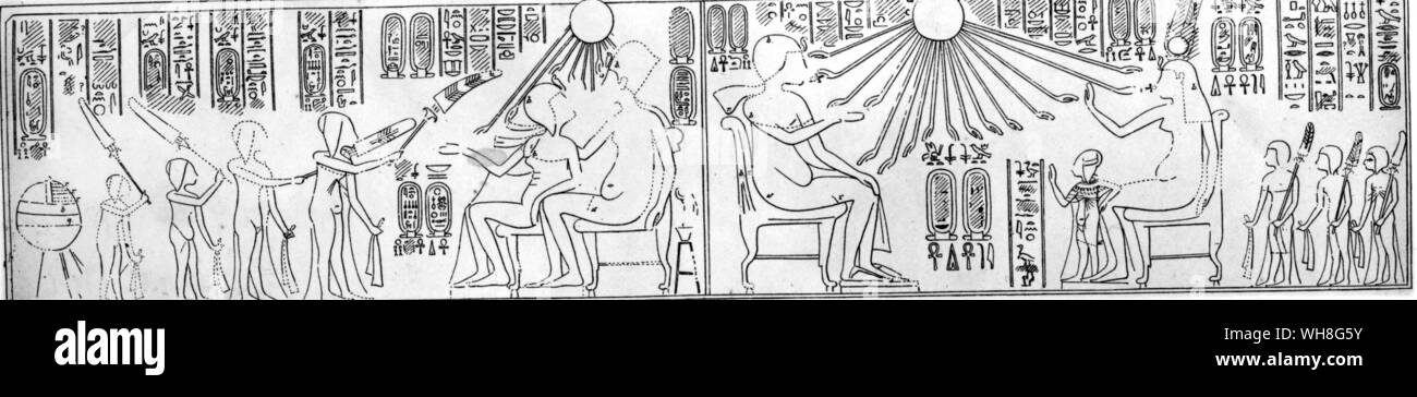 La doppia architrave dalla tomba di Huya. Le due famiglie del co-reggenza di Amarna. Tutankhamon da Christiane Desroches Noblecourt, pagina 146. Foto Stock