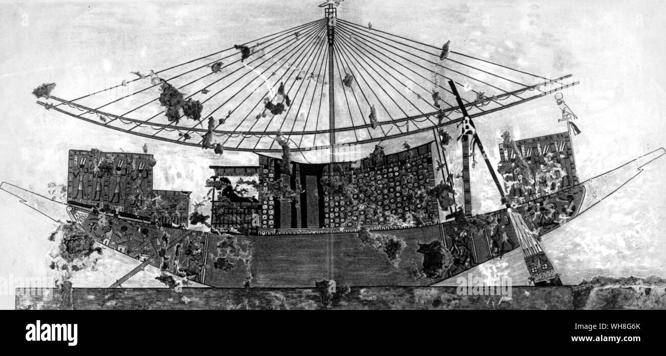 Huy la barca fluviale. Huy, il nuovo viceré, era il figlio di un funzionario di alto livello sotto Amenophis III e un amico fedele del giovane re Tutankhamon. Huy a sinistra il palazzo a vela per la Nubia a prendere la sua nomina come viceré di Nubia. Tutankhamon da Christiane Desroches Noblecourt, pagina 197. . . . Foto Stock