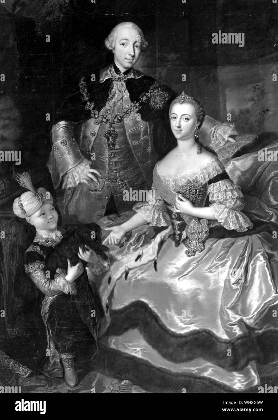 Pietro III come erede al trono, dipinto con la moglie Caterina e Paolo. Il Granduca Pietro Fedorovich (1728-1762), divenne Pietro III, l'imperatore di Russia, nel 1762. Il Romanovs da Virginia Cowles, pagina 82. Foto Stock
