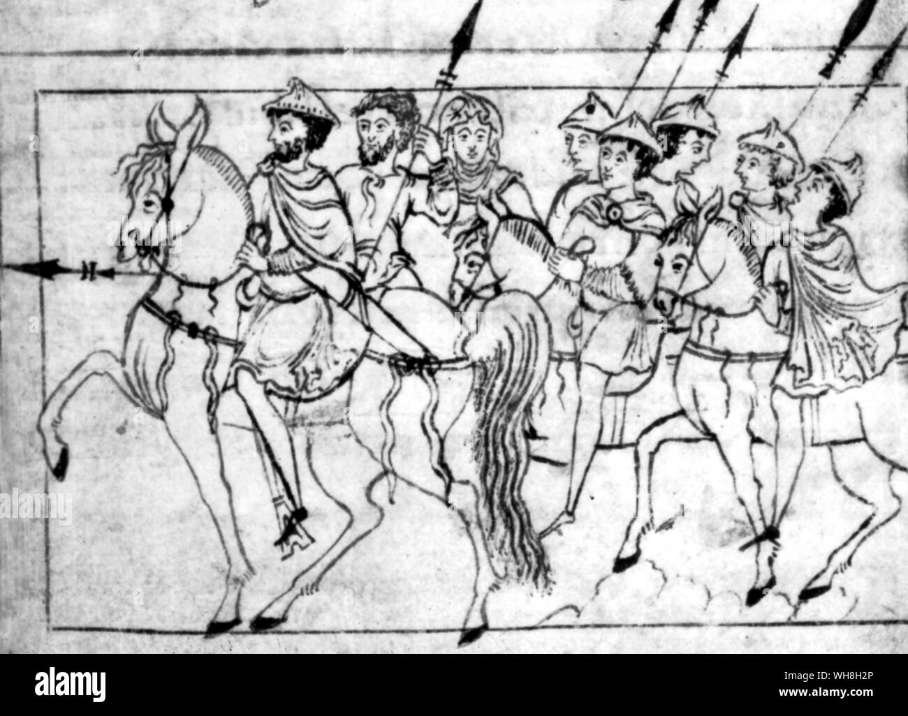 Abbigliamento anglo-Saxon manoscritto indica che alla fine del XI secolo a D, staffe non sono stati necessariamente utilizzato anche dai guerrieri. Da enciclopedia del cavallo pagina 39. Foto Stock