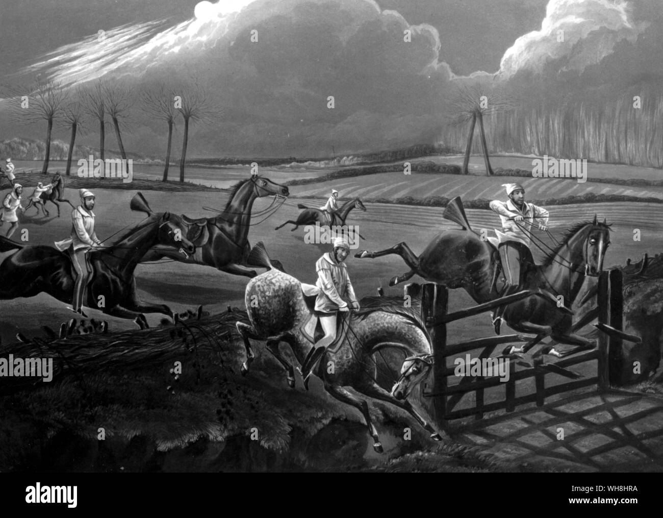 Questo evento è stato presumibilmente eseguiti dai funzionari di un reggimento di stanza a Ipswich nel 1803: "Il primo siepi su record. Cannon-Ball, sul suo cavallo di polvere da sparo, sfidando il campione a una lotta per il piombo. Essi caricato l'ultimo insieme di recinzione: e mentre la pistola grande saltato smash attraverso il centro del cancello, il grigio, ancora mano nella mano, ordinatamente a gradino sopra il forte ostacolo recinzione e banca, da un salto su on e off. Subden è arrivato terzo: il lettino di cavallo, incurante dei suoi guai ful grida. Sipson stava facendo una buona linea della propria attraverso un campo: e due, smontate in distanza, sono stati Foto Stock