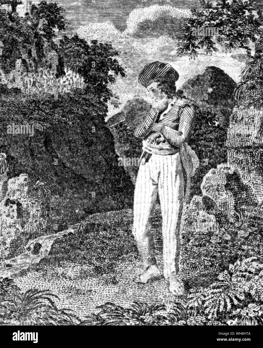 Signor James Bruce (1730-1794) Scottish viaggiatore e scrittore di viaggi, contemplando la sorgente del Nilo, da un famoso libro di CHAP. L'avventura africana - una storia dell'Africa esploratori da Timothy Severin pagina 107.. . Foto Stock