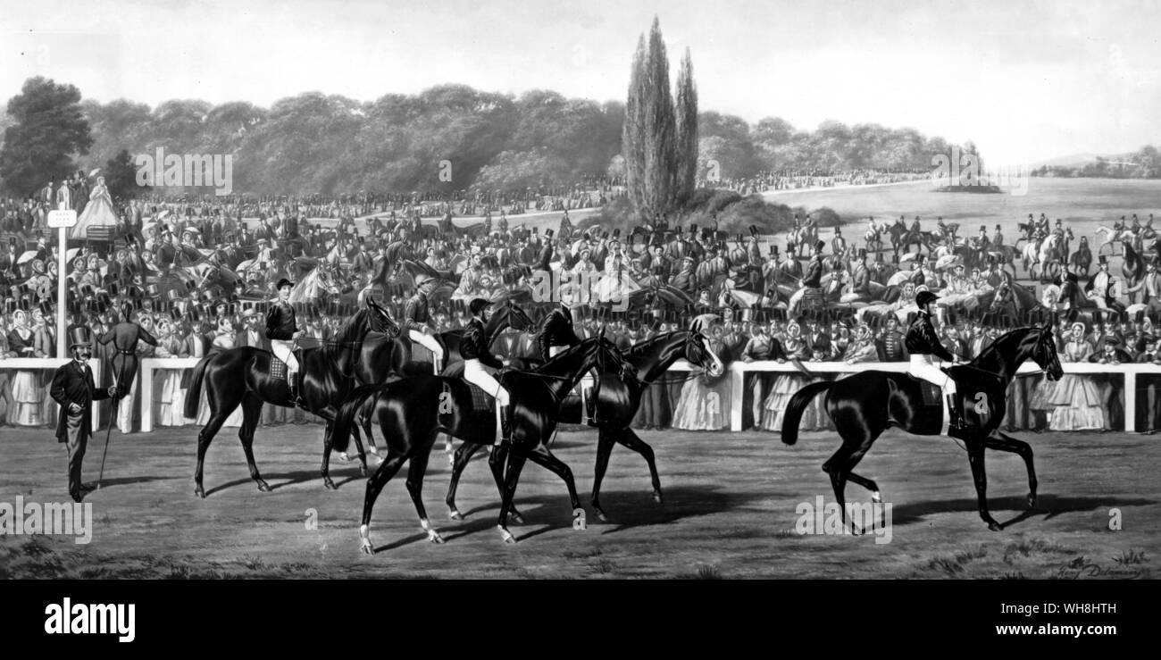 Questo è stato il 1864, l'ottavo anno di Longchamp, la seconda del Grand Prix. La prima esecuzione aveva confermato la Francia i peggiori timori circa internazionalizzazione una gara classica. Ma nel secondo Henry Delamare's Vermout, dal Nabob (terzo da sinistra, cavalcato da Kitchener) portano il Lagrange querce vincitore fille de l'Aire, francese-allevati da Faugh-a-Ballagh (estrema sinistra, cavalcato da Edwards) con William l'Anson il Derby Blair Athol da Stockwell (Challoner) solo un terzo. Tom Challoner è detto di essere stato innervosisce dal francese Anglophobe folla, ma tutti gli altri fantini erano anche inglese. Gazzetta sulla sinistra è Foto Stock