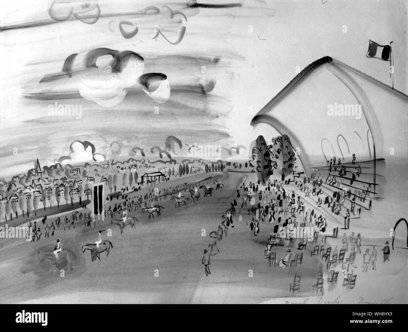 Deauville è stata fondata da Napoleone Bonaparte, amico del Duc de Morny come un resort estivo per il Paris racing stabilimento - un cambiamento salutare da Longchamp e Chantilly. Come la maggior parte dei corsi di mare ha un eccellente servizio di tappeto erboso naturale ed è conveniente per il grande prigionieri della Normandia. Sebbene 204 chilometri da Parigi è sempre stato parte del circuito metropolitano. La storia delle corse di cavalli da Roger Longrigg, pagina 14. Foto Stock