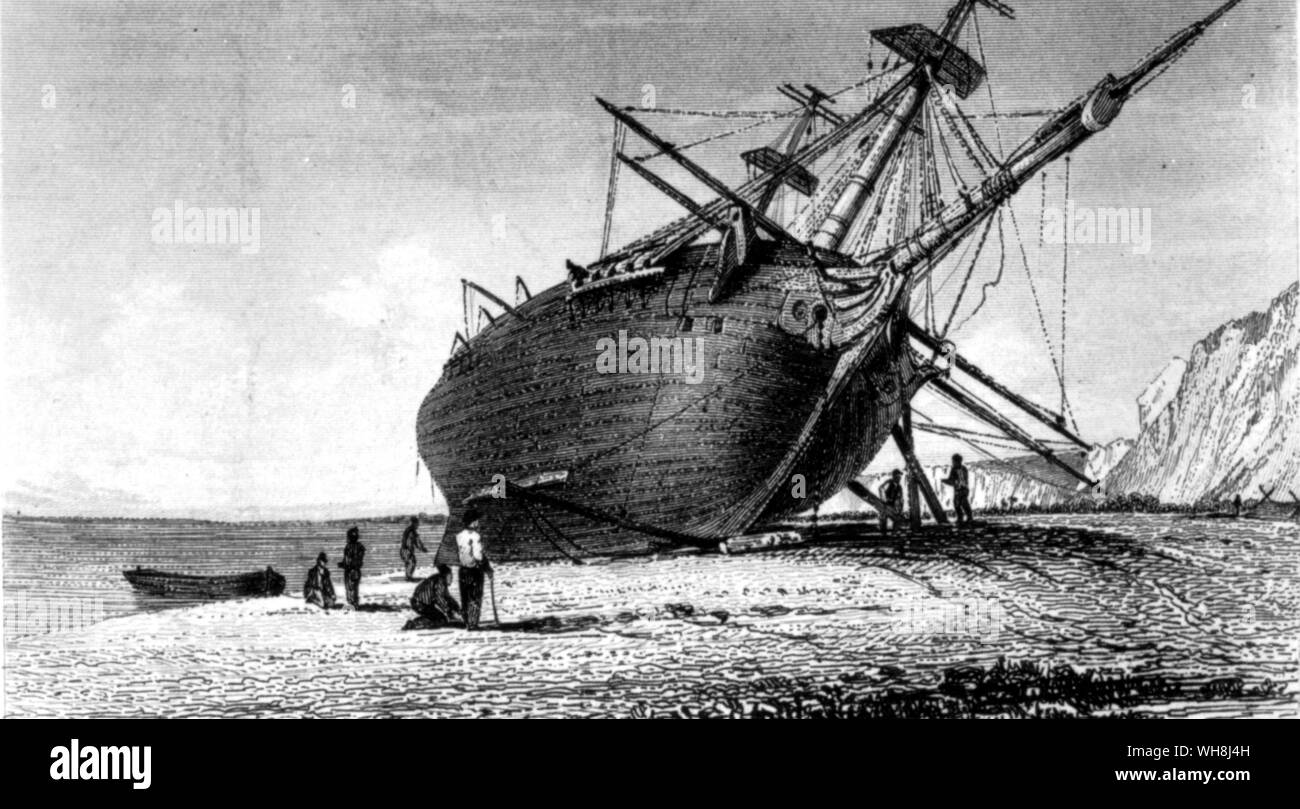 Il Beagle prevista a terra alla foce del fiume Santa Cruz. " È stato trovato che un pezzo della falsa chiglia sotto la prua-piedi era stato sbalzato fuori e che pochi fogli di rame sono state un buon affare sfregato.' Darwin e la Beagle da Alan Moorhead, pagina 145. Foto Stock