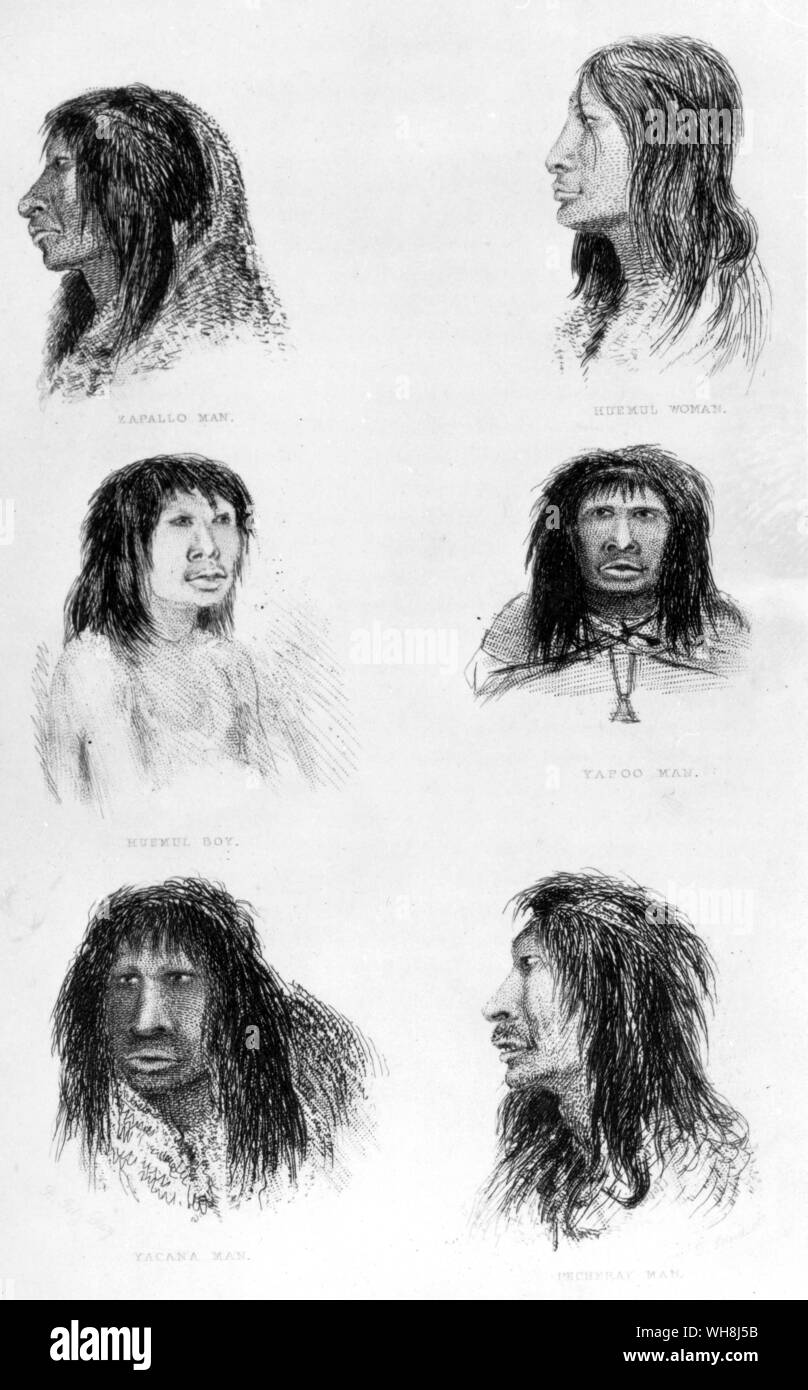 Tipi Fuegian, studiato e disegnato da FitzRoy. In appendice alla narrazione del viaggio, FitzRoy incluso un vocabolario dettagliata dei vari dialetti Fuegian. Darwin e la Beagle da Alan Moorhead, pagina 98. Foto Stock