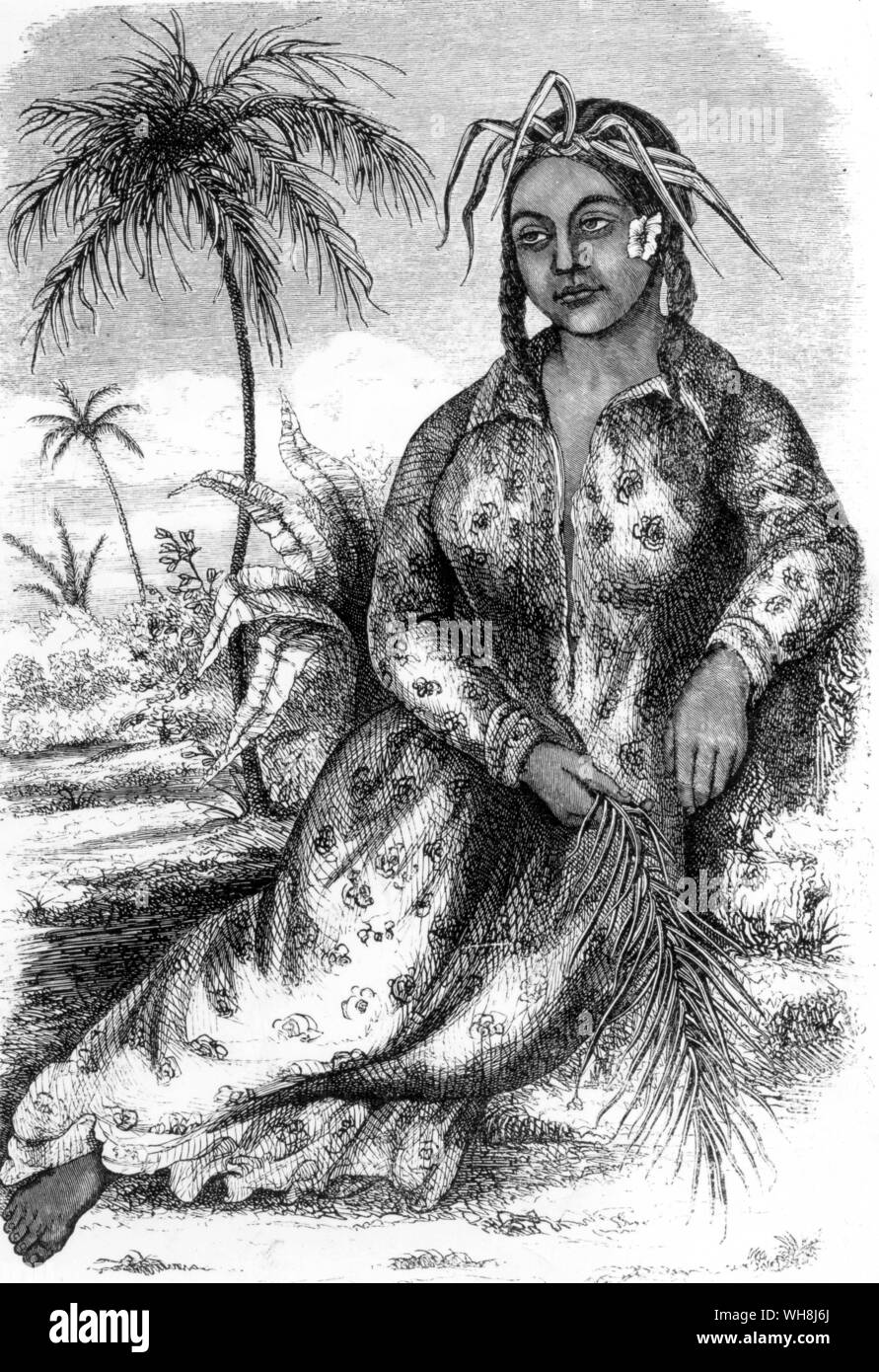 Regina Pomare di Tahiti, "una grande donna scomoda senza bellezza, la grazia o la dignità. Lei ha un solo attributo reale - una perfetta inamovibilità di espressione in tutte le circostanze e che un piuttosto cupa.' Darwin e la Beagle da Alan Moorhead, pagina 216 e 217. Foto Stock