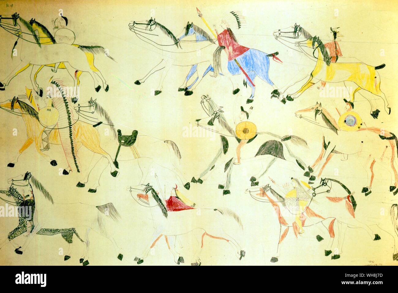 Un pittogramma da cavallo rosso prese parte alla battaglia di Little Bighorn questa mostra guerrieri indiani tenendo longtailed cavalli di cavalleria Foto Stock