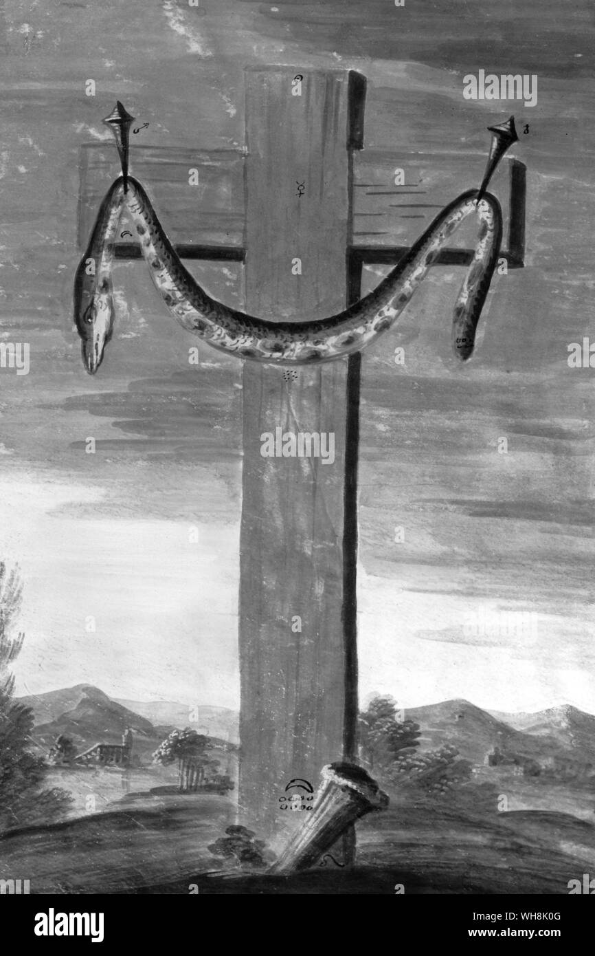 Usato nella magia rituale alchemico il simbolo di un serpente crocifisso Foto Stock