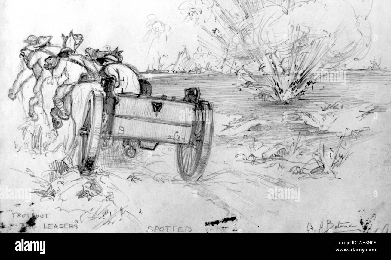 Un campo di pistola team catturato sulla strada aperta dal fuoco nemico in un disegno di artigliare Harry Bateman Foto Stock