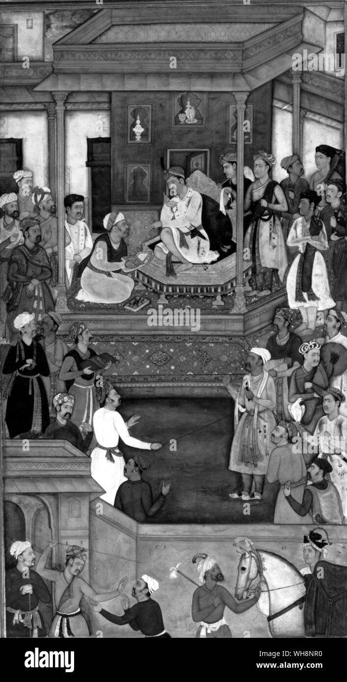 Abul Fazl presentando il manoscritto del suo libro a Akbar: c.1605 Foto Stock