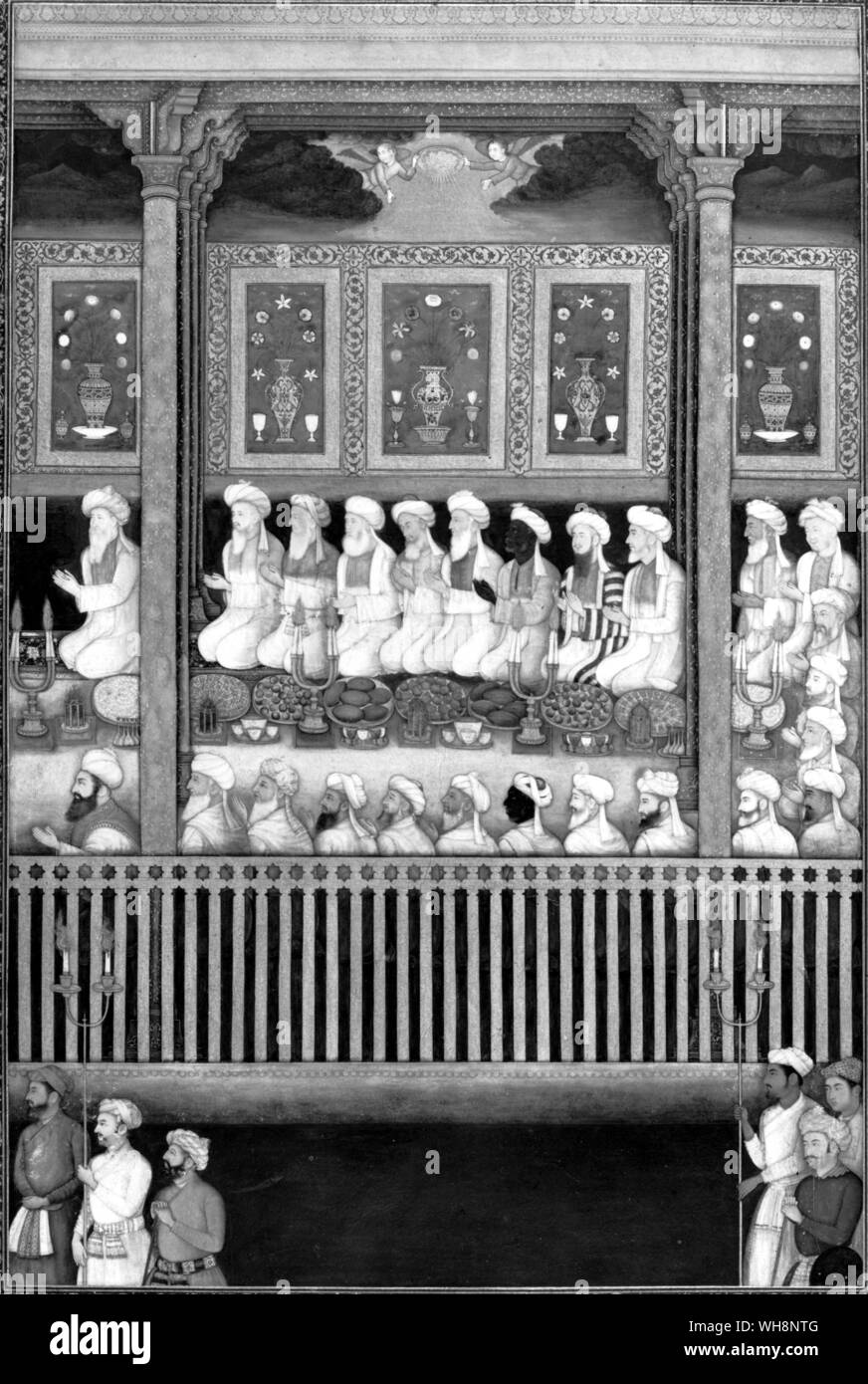 Shah Jahan intrattenendo un partito del mullah: una doppia pagina di pittura, c.1650 Foto Stock